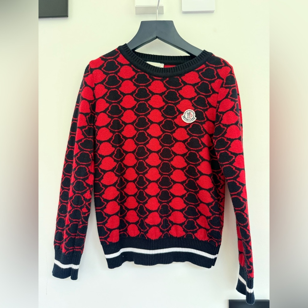 Moncler Red and Black Patterned Logo Crewneck Sweater